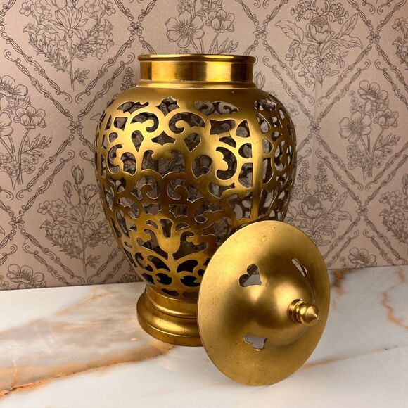Luminary Alter Temple Jar Filigree Pattern Lid Open Bottom 13 in Metal Decor - Picture 2 of 11